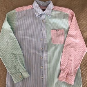 VV patchwork shirt, green/blue/pink striped